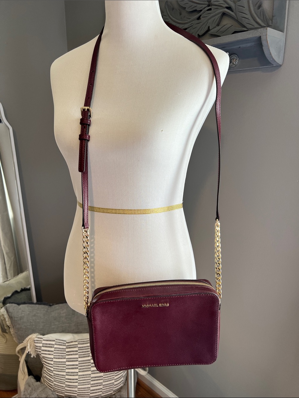 Michael Kors Wine Red Crossbody Bag with Gold Chain